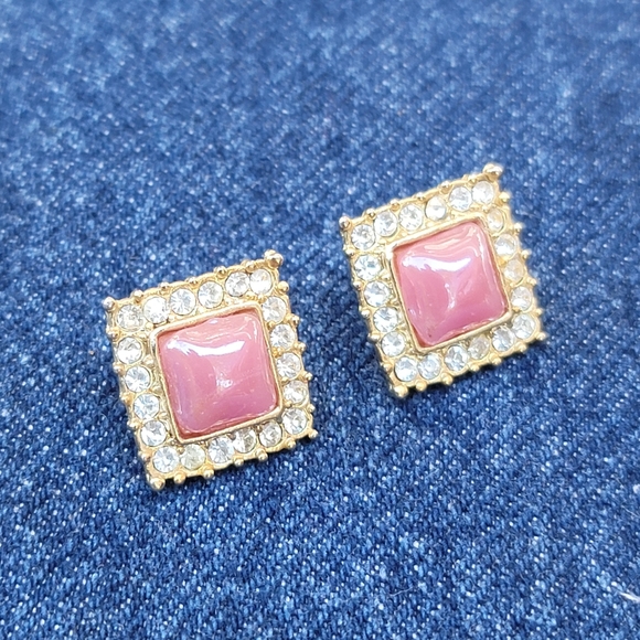 Vtg Pink Gemstone Crystal Square Earrings - Picture 6 of 8